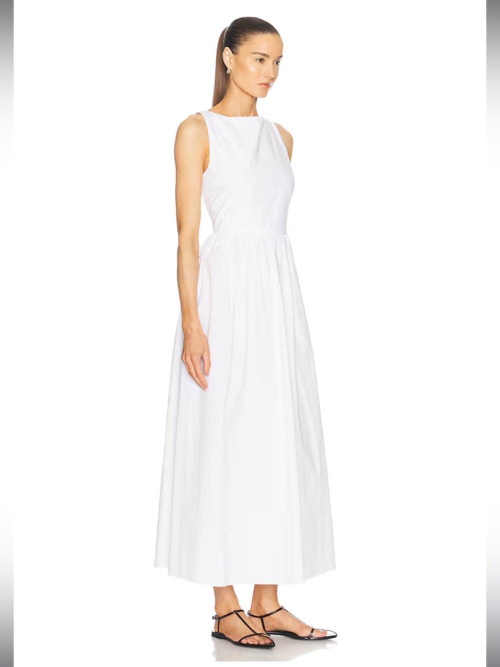 Matteau 100% Cotton Poplin White Sleeveless Boat Neck Tie Back Midi Dress Pocket - Picture 8 of 16